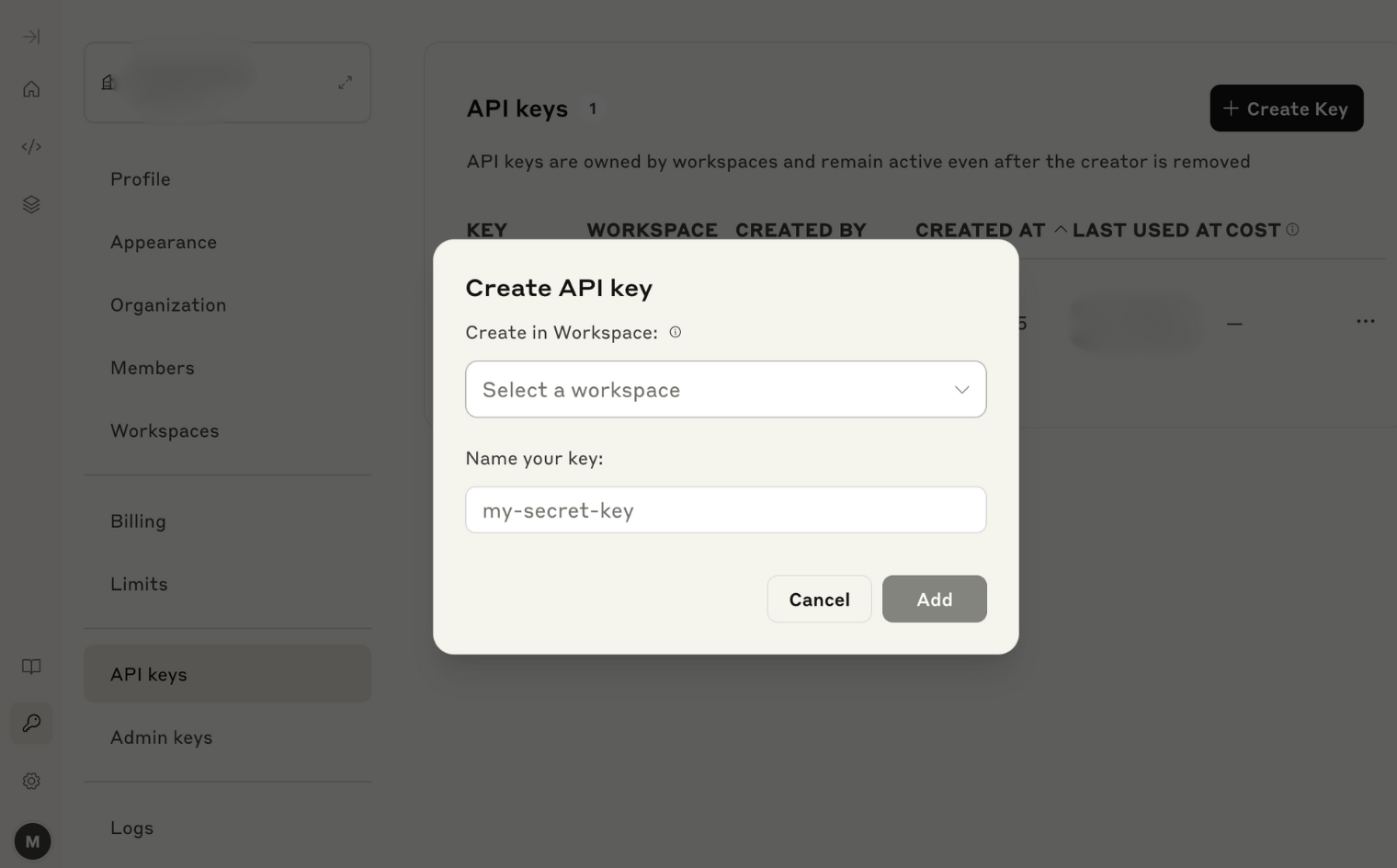ClaudeのCreate API Key画面
