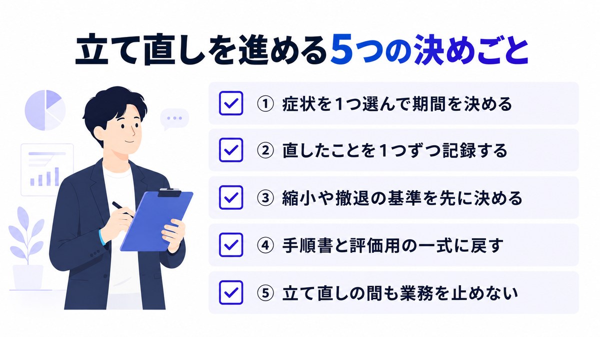 AIエージェントの立て直しを進める5つの決めごとを並べたチェックリストの図
