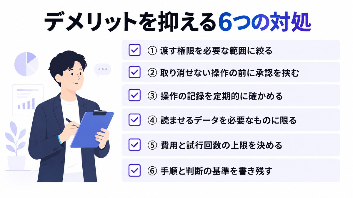 AIエージェントのデメリットを抑える6つの対処を並べたチェックリストの図