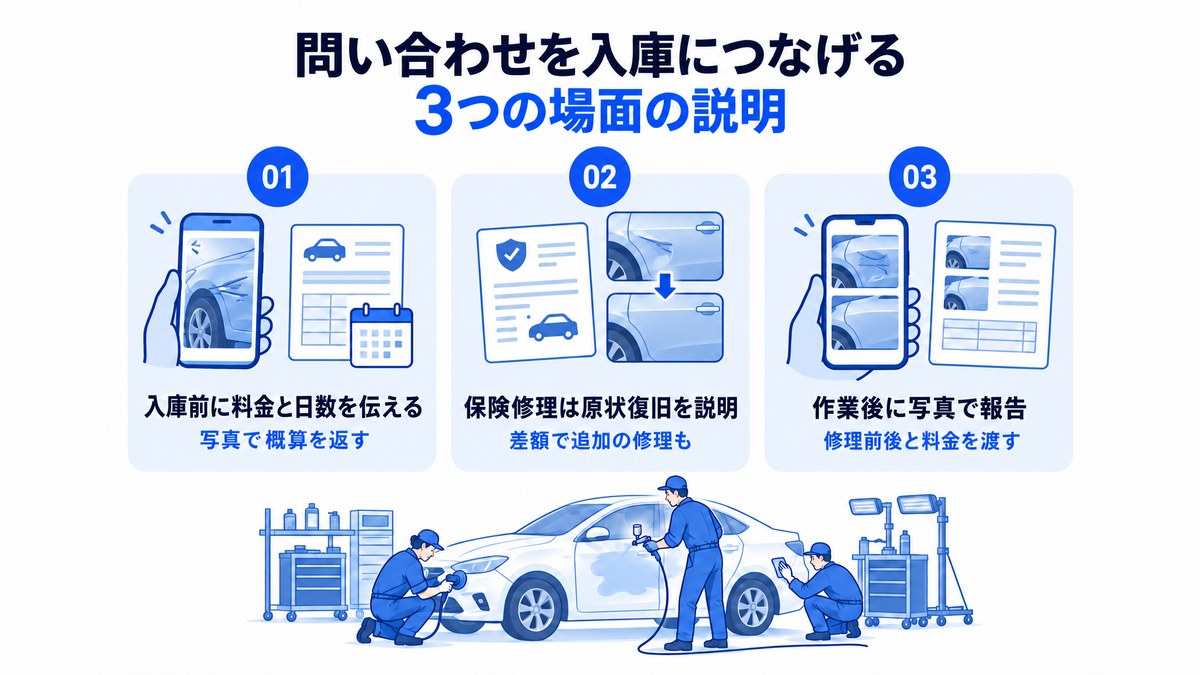 問い合わせを入庫につなげる3つの場面の説明