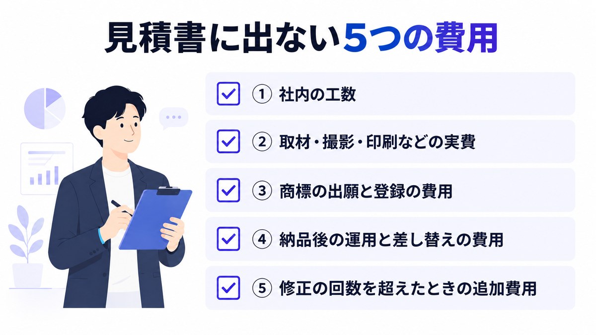 見積書に出ない5つの費用を並べたチェックリストの図