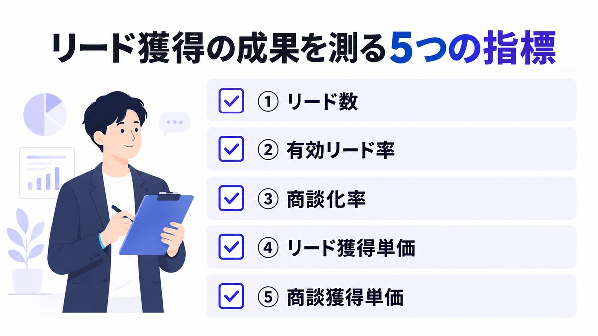 リード獲得の成果を測る5つの指標を並べたチェックリストの図