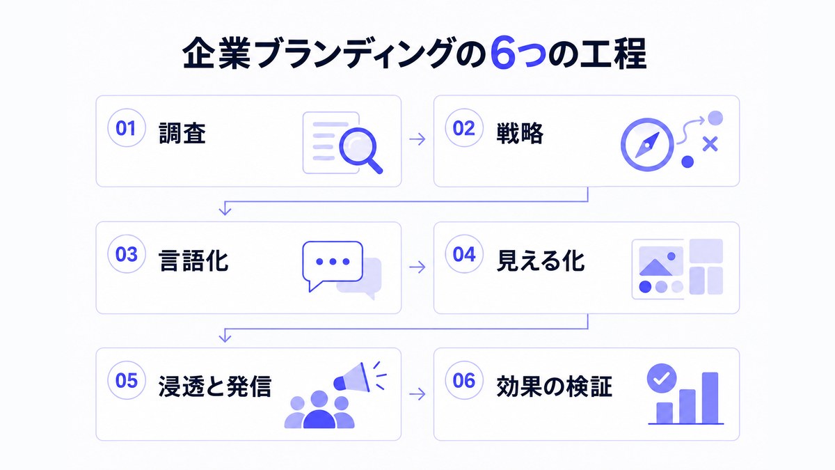 企業ブランディングの調査から効果の検証までの6つの工程を示したフロー図