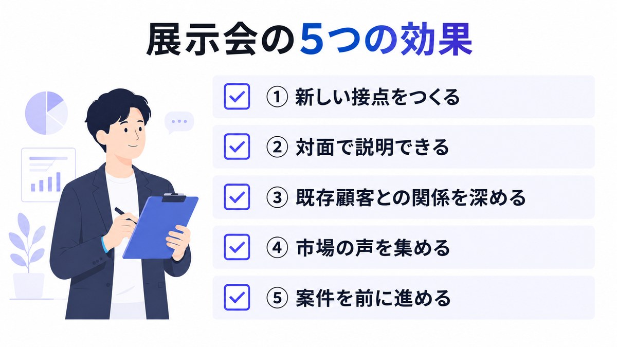 展示会の5つの効果を並べたチェックリストの図