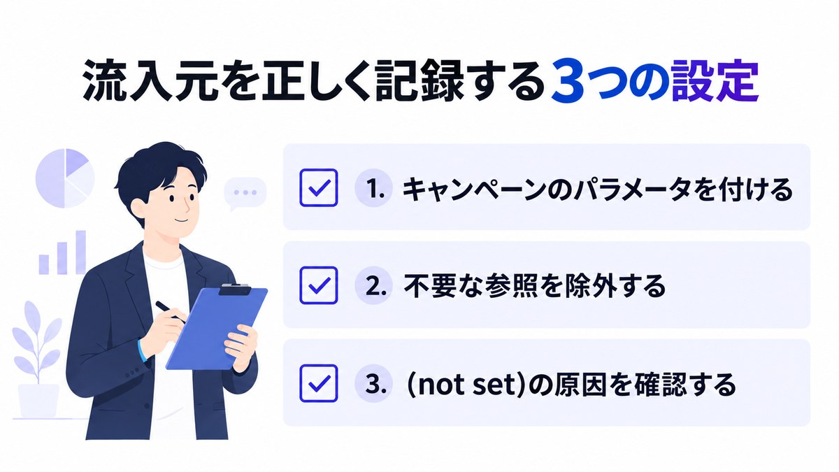 GA4で流入元を正しく記録するための3つの設定を並べたチェックリストの図