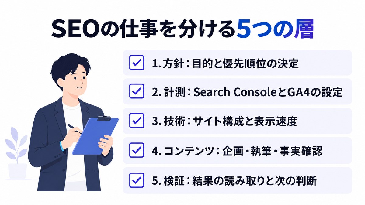 SEOの仕事を方針・計測・技術・コンテンツ・検証の5つの層に分けたチェックリストの図