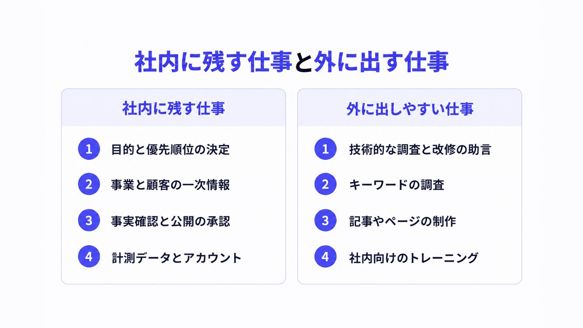 SEOで社内に残す仕事4つと外に出しやすい仕事4つを左右に並べた図