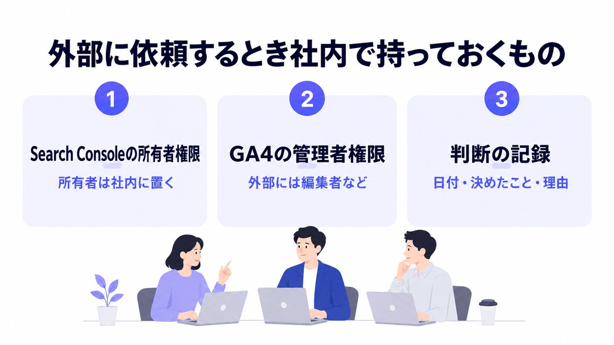 外部に依頼するときに社内で持っておくSearch Consoleの所有者権限・GA4の管理者権限・判断の記録を示した図