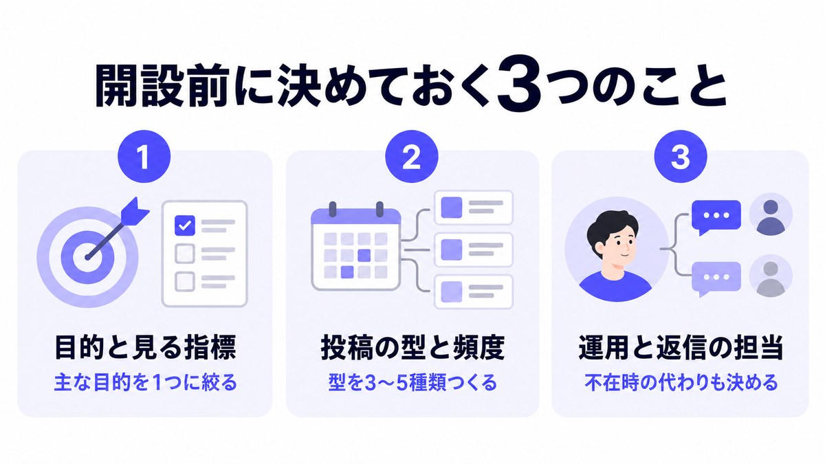 開設前に決めておく目的と見る指標・投稿の型と頻度・運用と返信の担当の3つを示した図