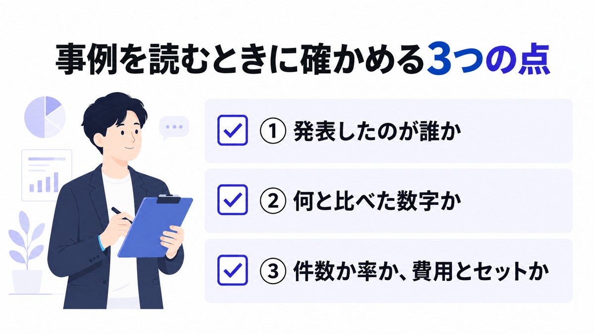 リード獲得支援の事例を読むときに確かめる3つの点を並べたチェックリストの図