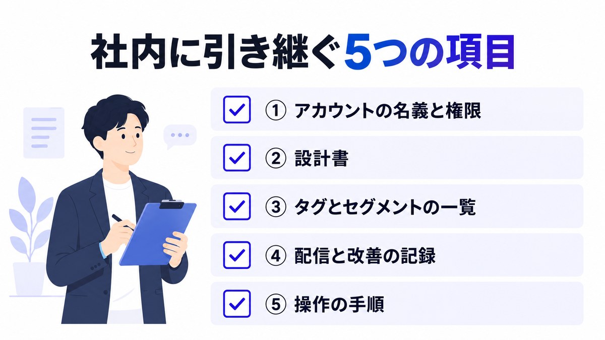 契約終了後も使い続けるために社内に引き継ぐ5つの項目を並べたチェックリストの図