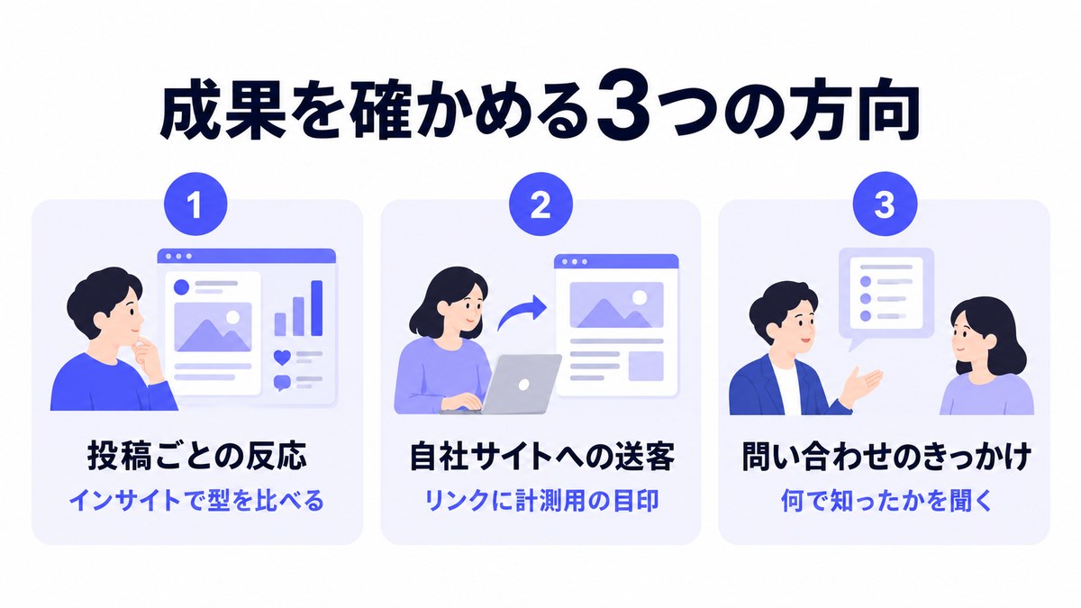 Meta企業アカウントの成果を投稿ごとの反応・自社サイトへの送客・問い合わせのきっかけの3方向で確かめる図