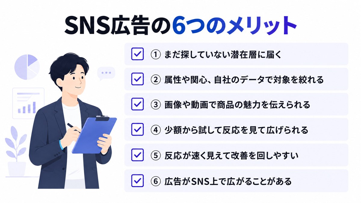 SNS広告の6つのメリットを並べたチェックリストの図