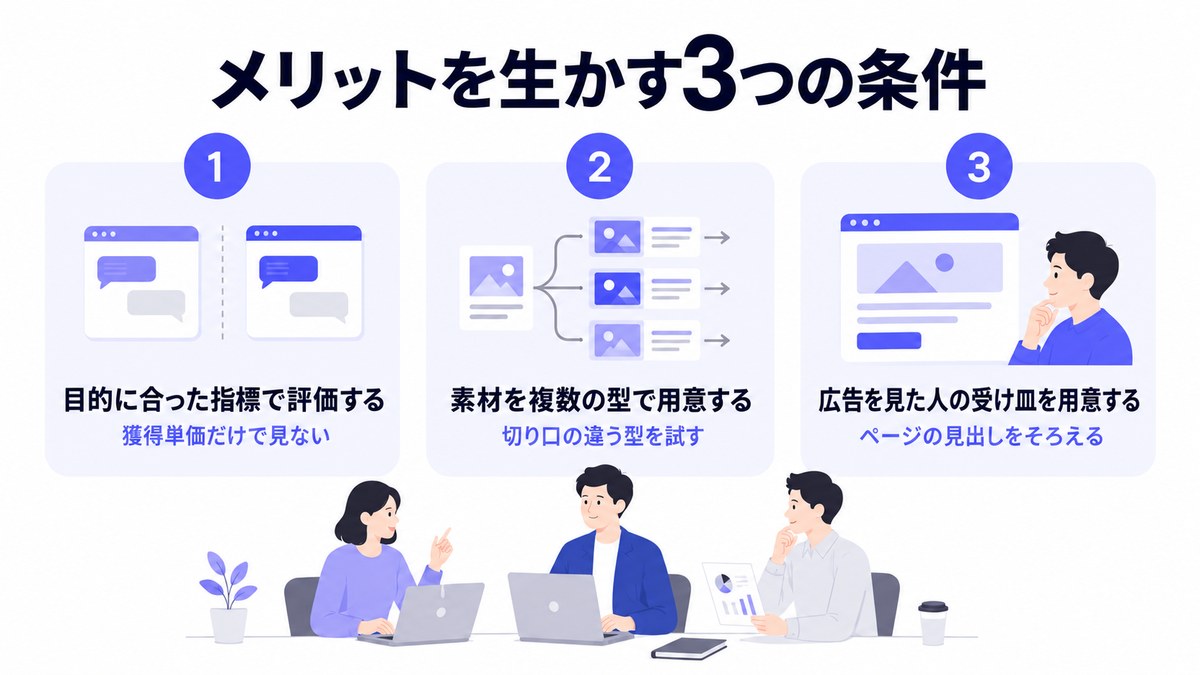 SNS広告のメリットを生かす目的に合った指標・複数の型の素材・受け皿の3つの条件を示した図