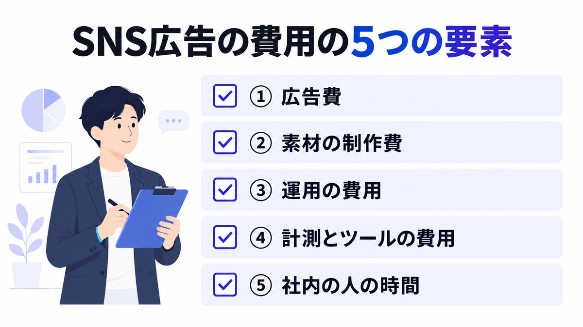 SNS広告の費用を構成する5つの要素を並べたチェックリストの図