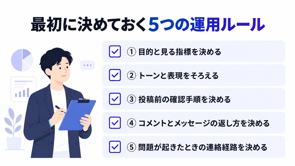 SNSの自社運用で最初に決めておく5つの運用ルールを並べたチェックリストの図