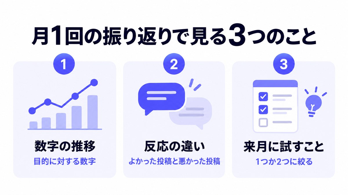 月1回の振り返りで見る数字の推移・反応の違い・来月に試すことの3つを示した図