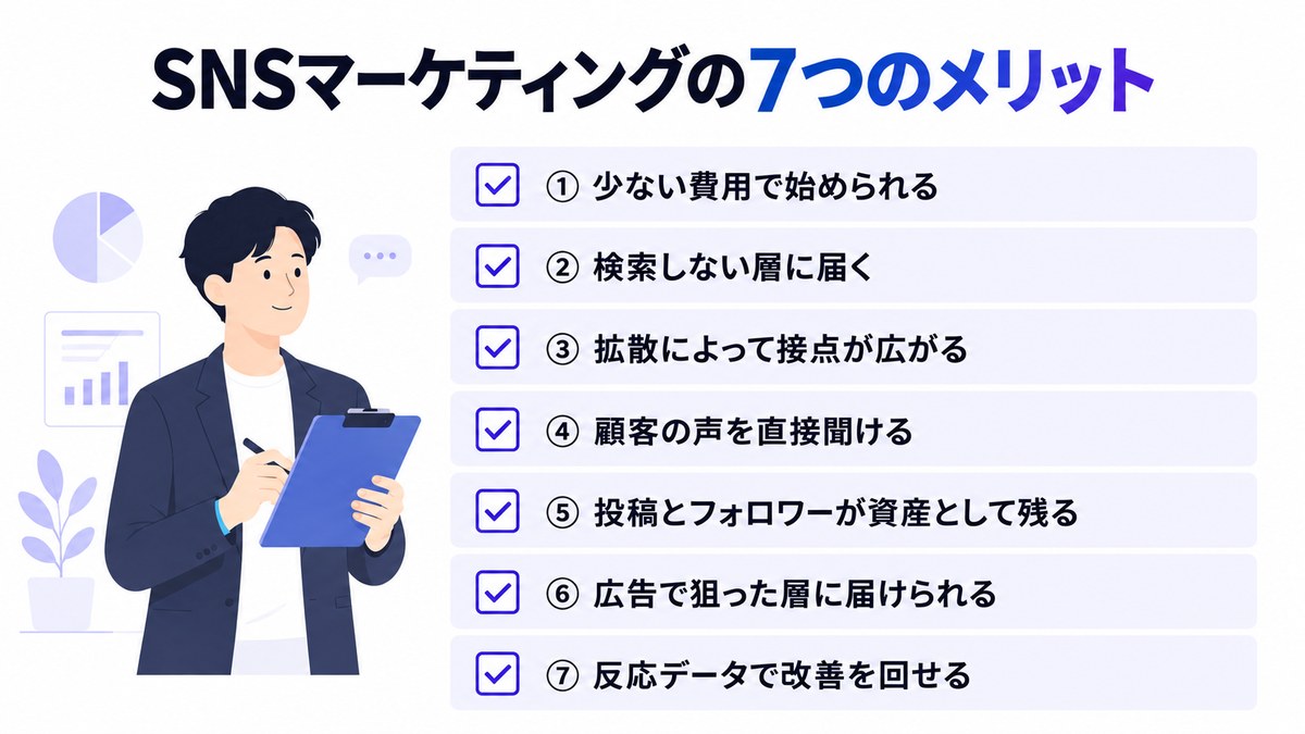 SNSマーケティングの7つのメリットを並べたチェックリストの図