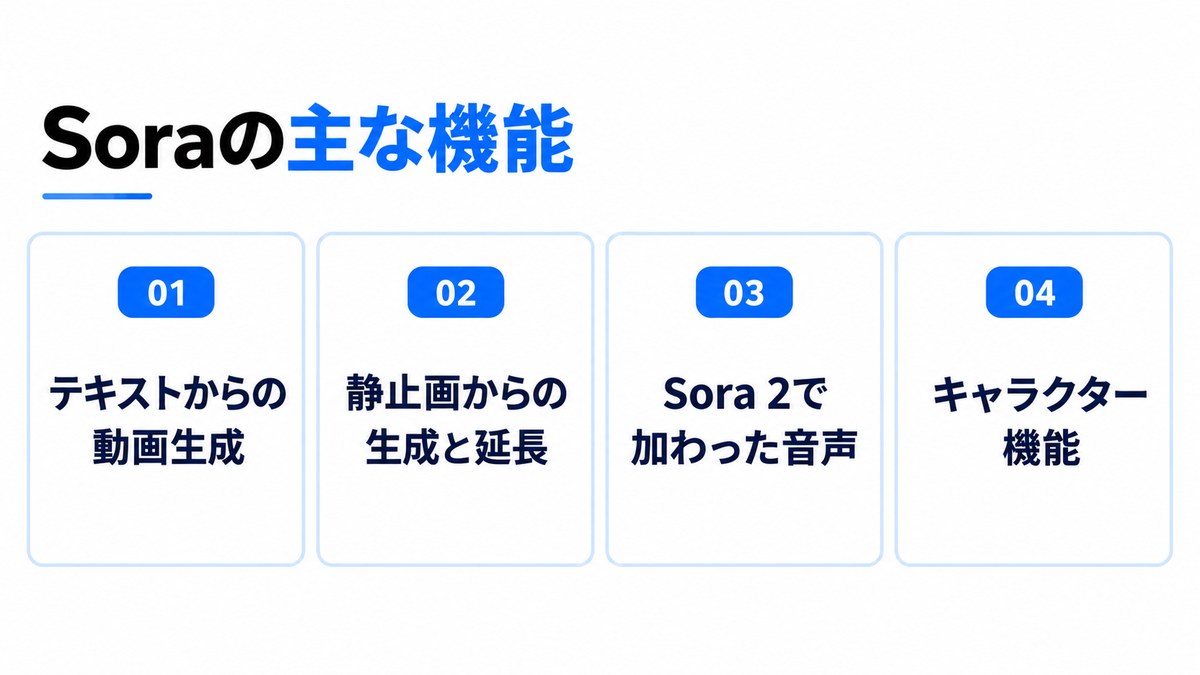 Soraの主な機能4つを示した図