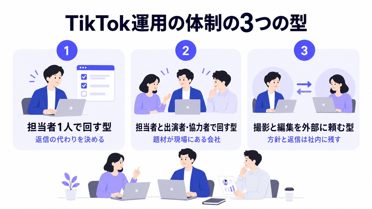 TikTok運用の体制として担当者1人・出演者や協力者と回す・撮影と編集を外部に頼む3つの型を示した図