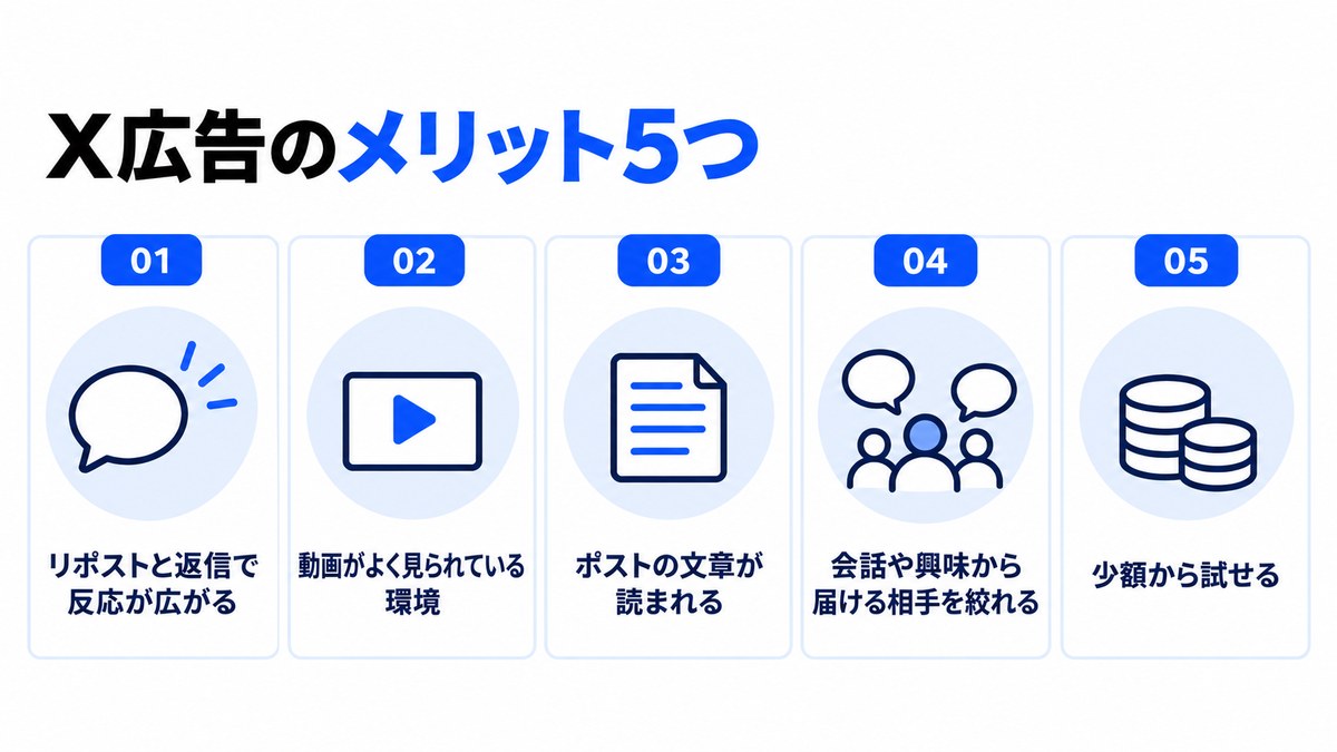 X広告の5つのメリットを番号付きのカードで並べた図