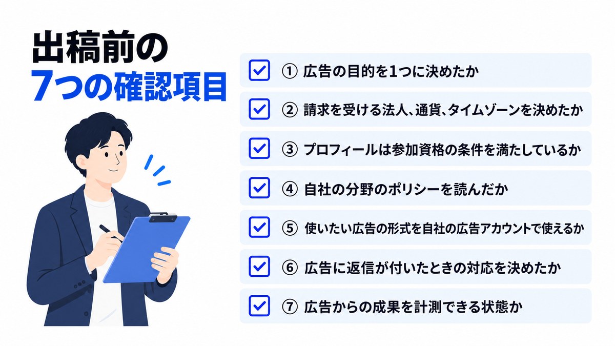X広告の出稿前に確かめる7つの項目を並べたチェックリストの図