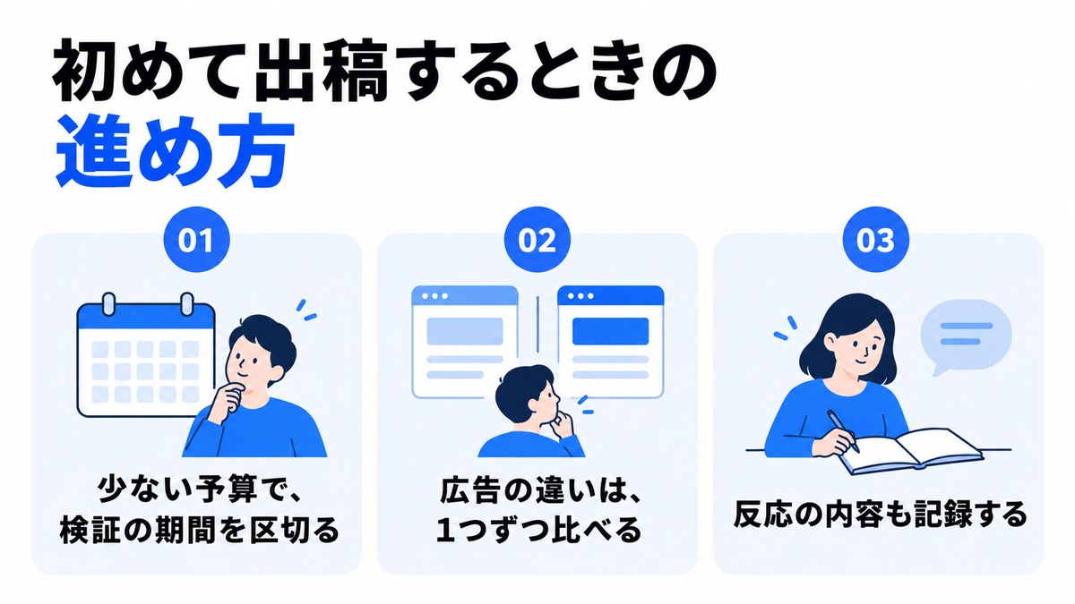 X広告を初めて出稿するときの進め方を3つのカードで示した図